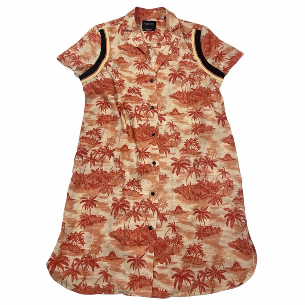Tropical Button-Front Shirt Dress in Rust Palm Print